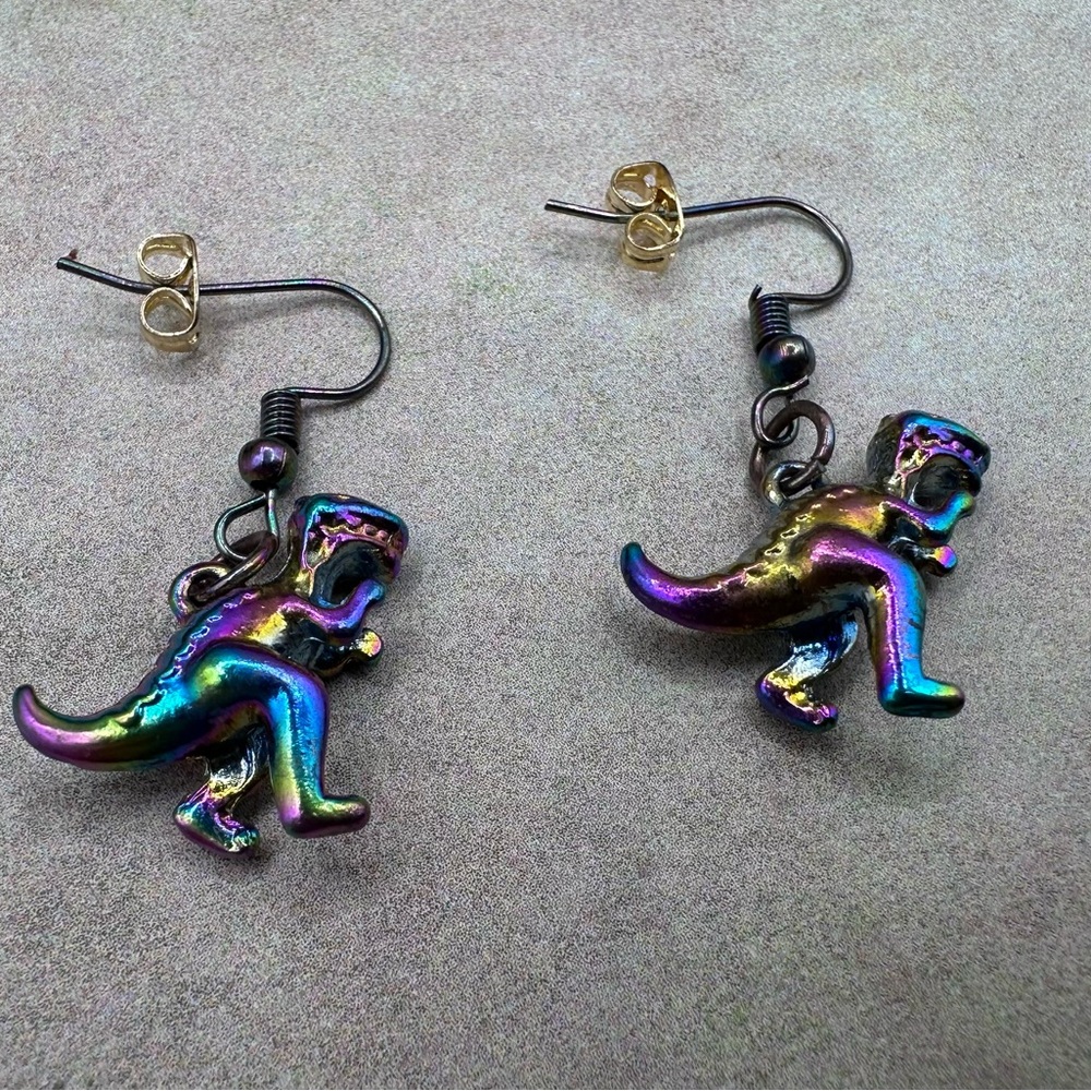 Nickel free Iridescent Rainbow Dinosaur Dangle Earrings - Picture 2 of 5